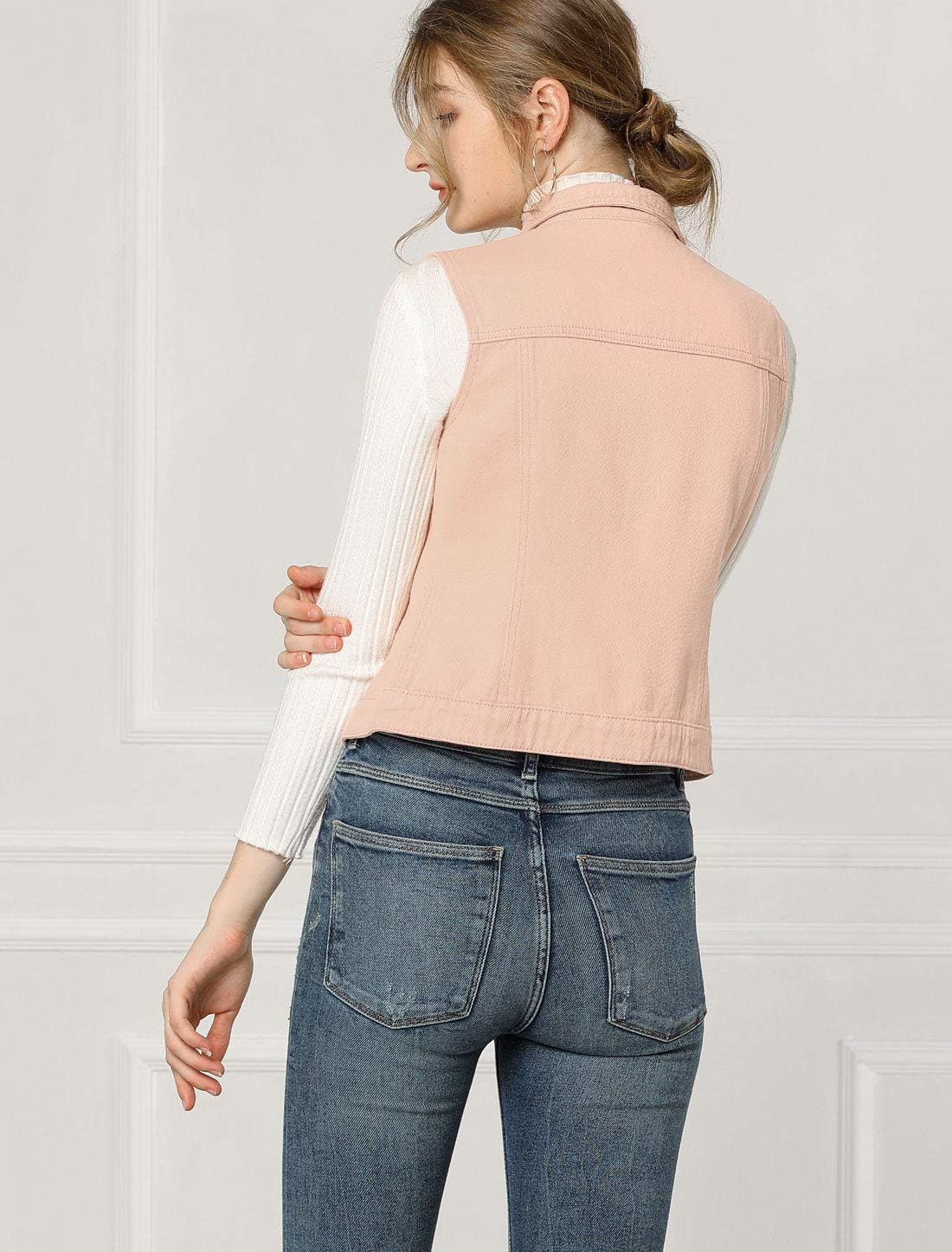 Allegra K Women's Buttoned Washed Denim Vest Jacket W Chest Flap Pockets - Image 5