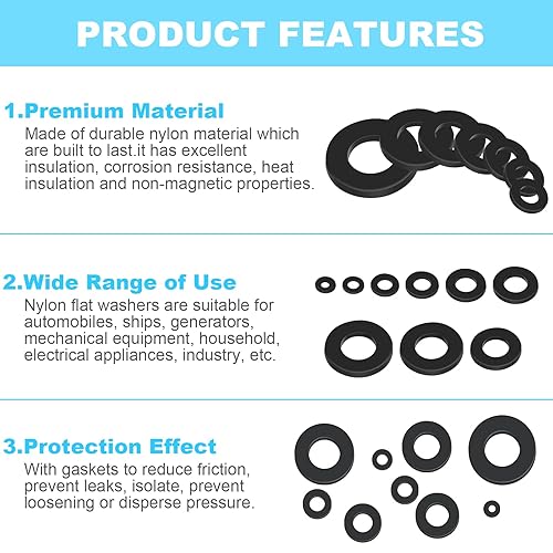 Miniatura 4 de 1200 arandelas planas de nailon para tornillos, arandelas de plástico negro, juego surtido de arandelas de guardabarros de primera calidad, (9