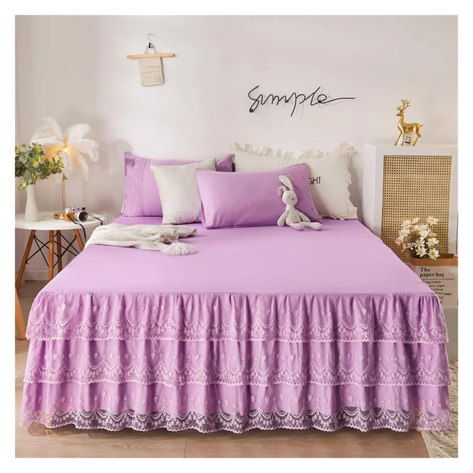 Bed Skirt Pillowcase Bed Set Ruffle Three Layers Lace Bedspreads Sheet Soft Fitted Sheet Cover(20,2pcs pillowcase)