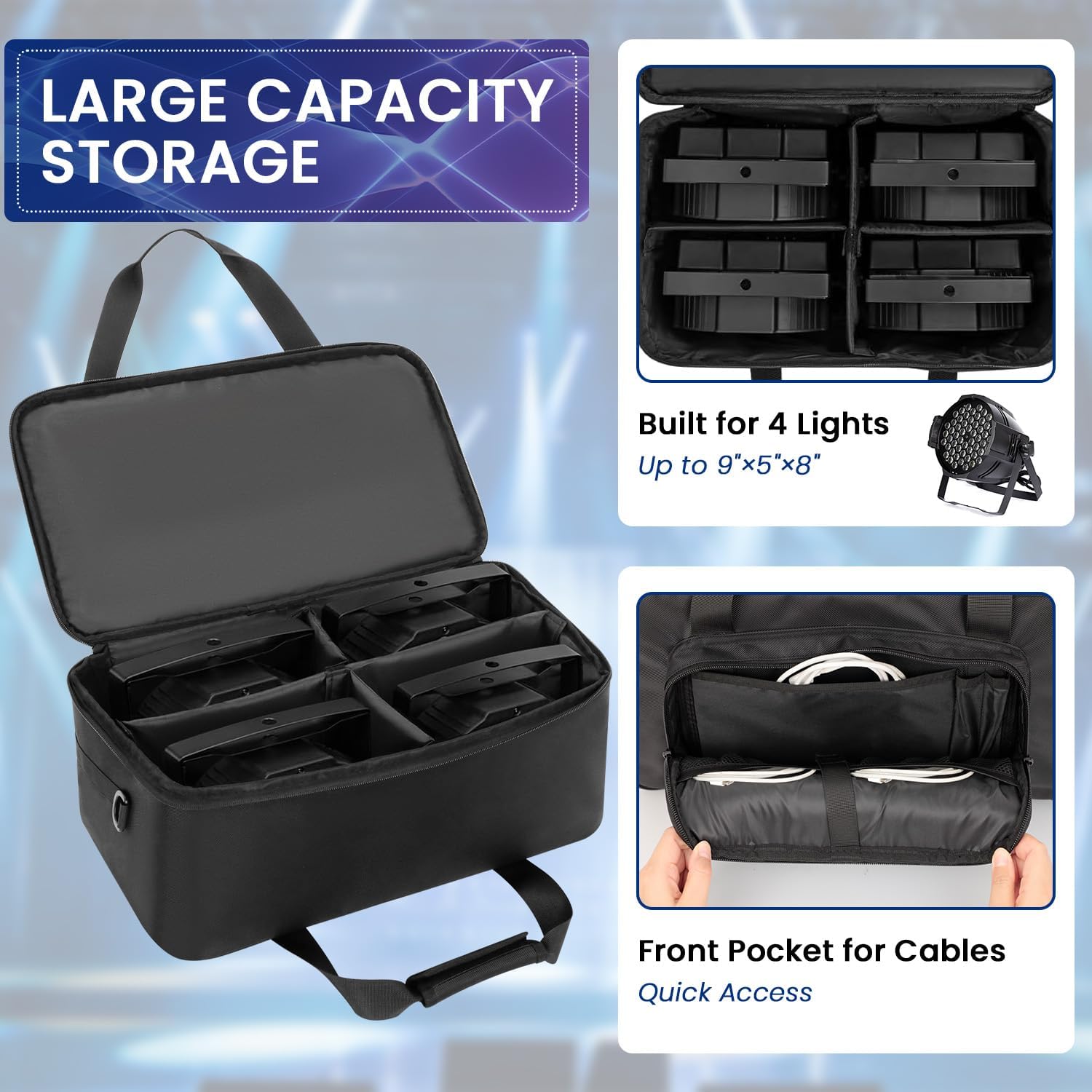 Stage Lighting Bag for 4 PAR Lights, DJ Light Storage Case with Removable Dividers, Padded Gig Bag for Stage Lighting Equipment, Spotlights & DJ Lighting Accessories, Black (Bag Only)