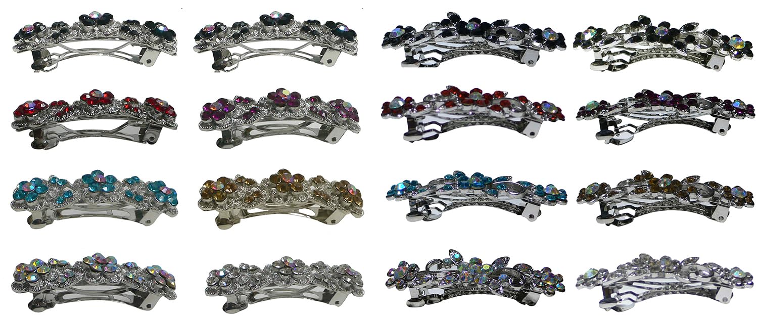 16 Piece Pack Crystal Hair Barrettes Combo 2 Styles, 8 Pc in 8 Colors Each Style, Small French Clip Barrettes for Women Girls Hair Styling1338/1366