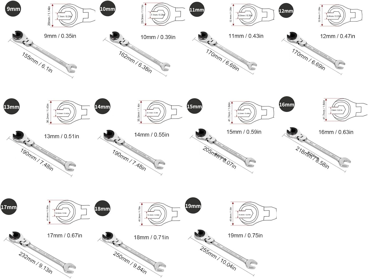 12Pcs Open End Ratchet Wrench Set, CRV 72T Quick Release Open Flex Head Ratcheting Wrench, 180 Degree Adjustable Ratcheting Wrench Set for Fuel Brake AC Pipelines