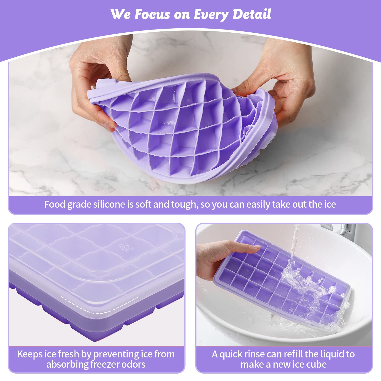 Lebensmittelqualität Silikon-Eiswürfel-Tablett mit Deckel und Aufbewahrungsbehälter für Gefrierschrank, Spill-Resistant Cover&Eimer, flexible Eiswürfel-Formen mit Eisbehälter, Scoop-Abdeckung