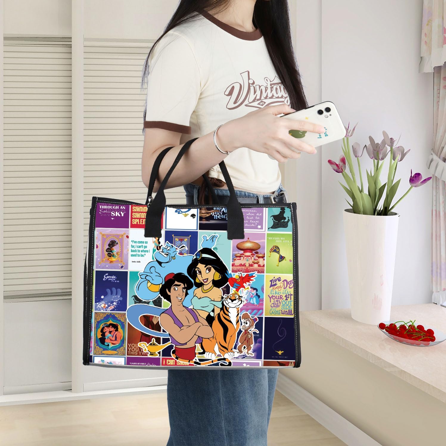 WZMPA Princess Tote Bag Abu & Genie & Jafar Fans Gift Cartoon Movie Reusable Grocery Bag Fairy Tale Merchandise