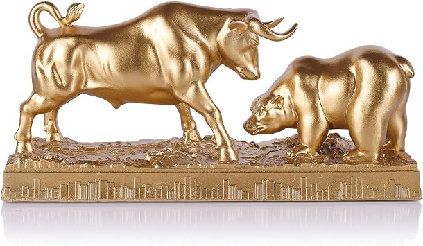 orenm Bull and Bear Statue for Desk, Wall Street Finance Sculpture, Resin Stock Market Decor, Financial Advisor Office Trading Desk Gift for Investors and Traders Gold