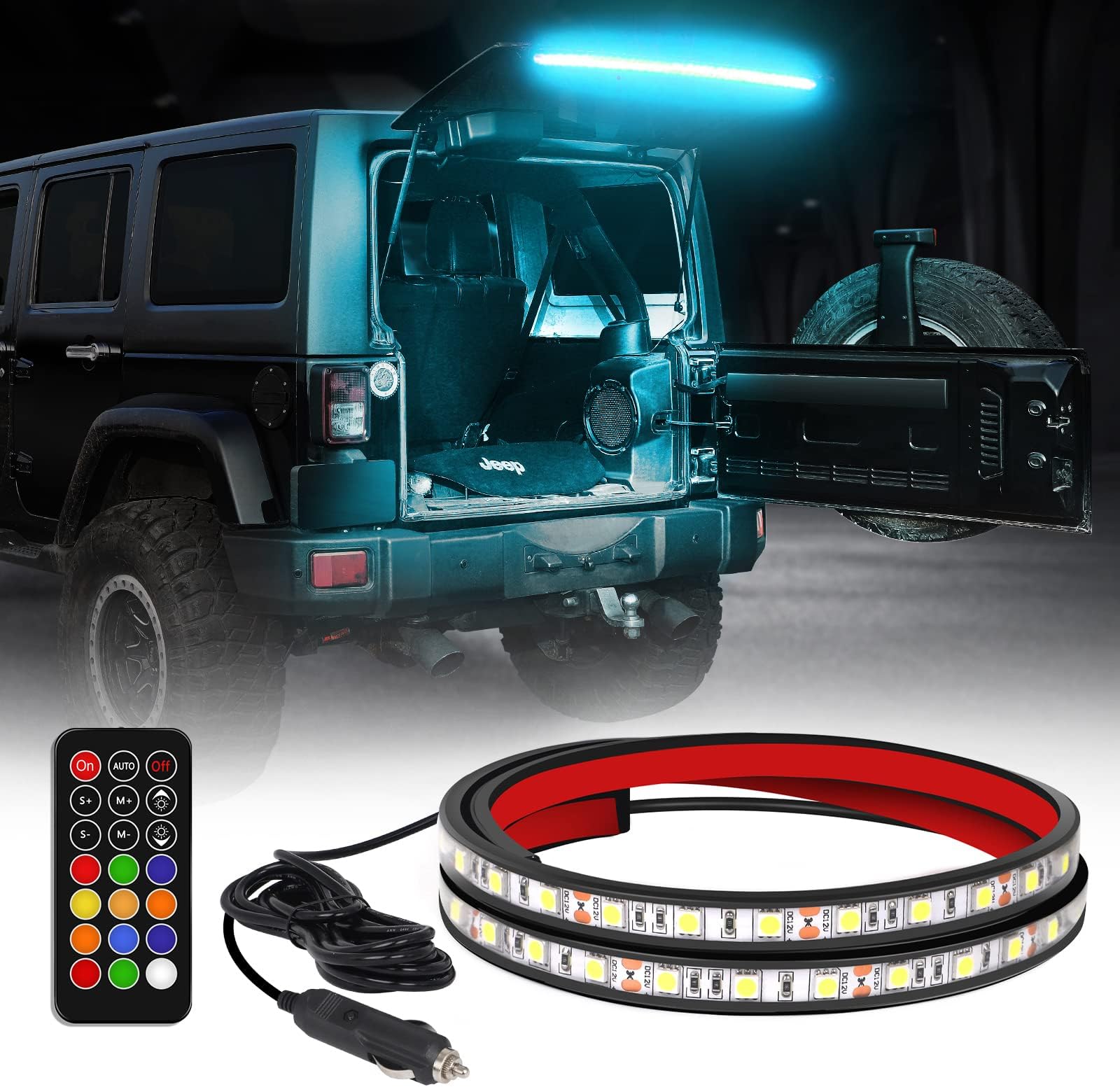 XRIDONSEN 40 Inch RGBW Rear Window Lift Gate Dome Light Strip Back Glass Tailgate Hatch Trunk Cargo Camping Light RF Wireless Remote Compatible with Jeep Wrangler JL JK YJ TJ JKU JLU 2/4-Door SUV
