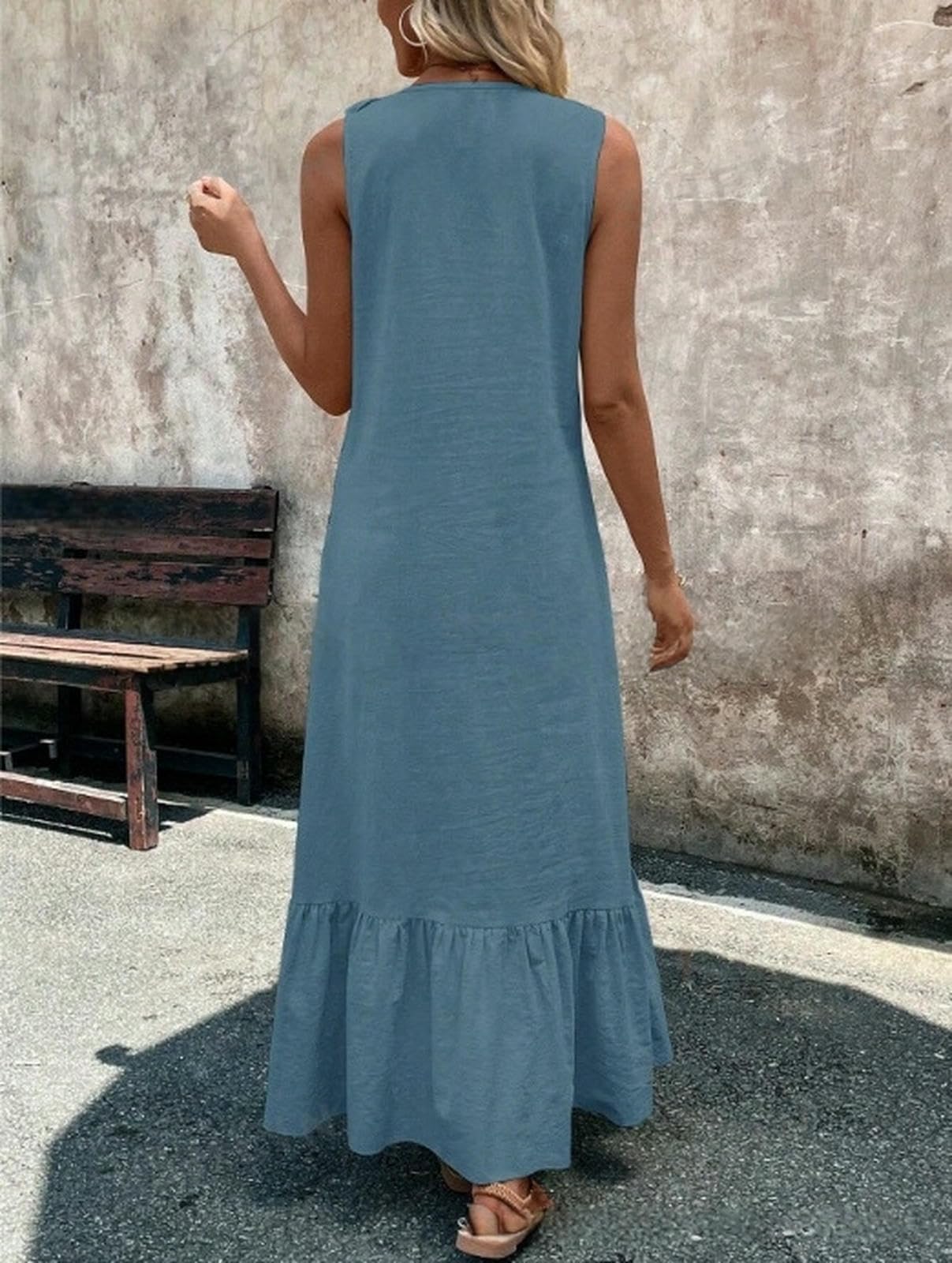 Vestito Maxi Abito Svasato con Scollo A V in Cotone E Lino Primavera Estate — Disponibile-Mare Blu-XL