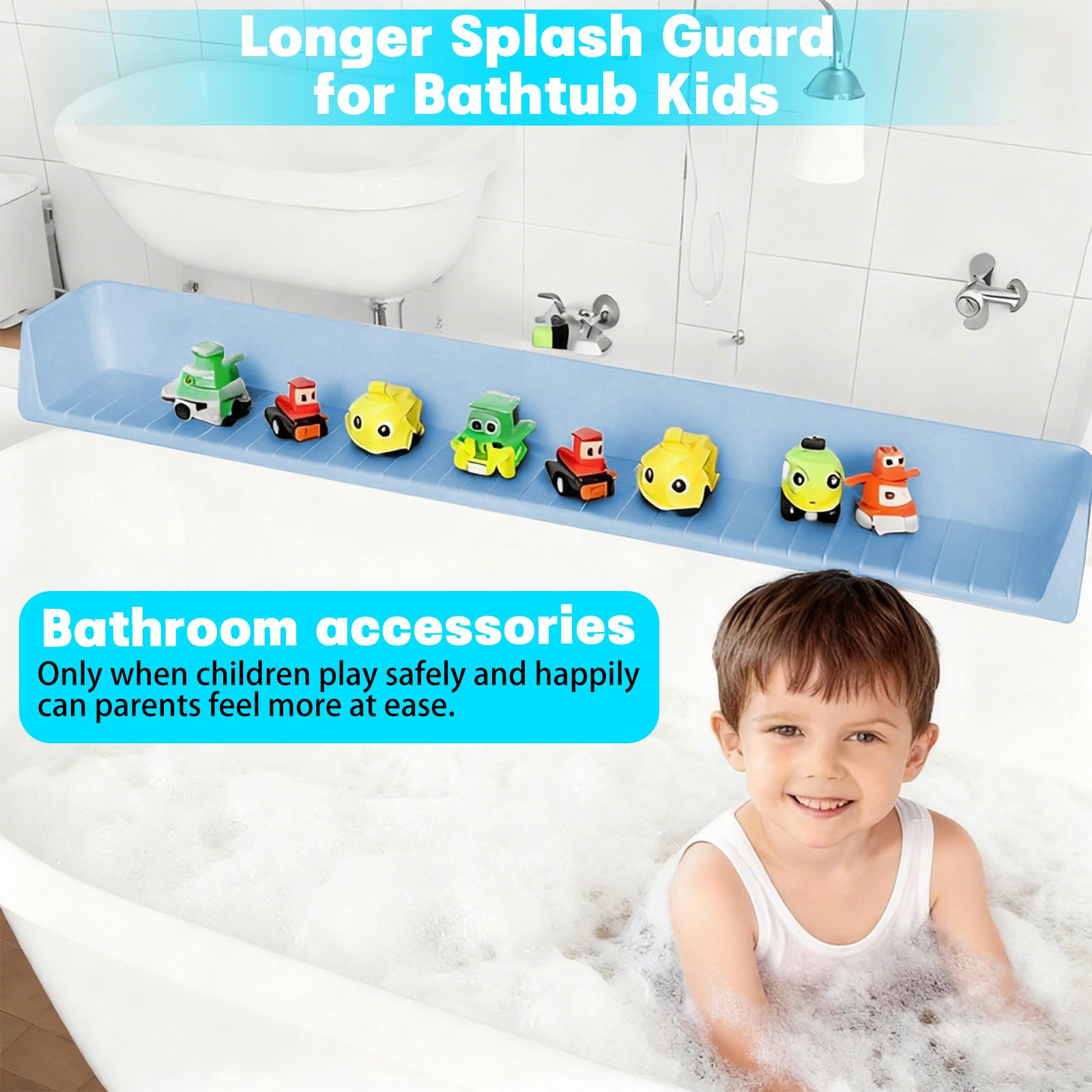Protector de salpicaduras de silicona extra largo para bañera, color blanco, para evitar derrames de agua, accesorios de bañera para niños (2.6 pies, azul)
