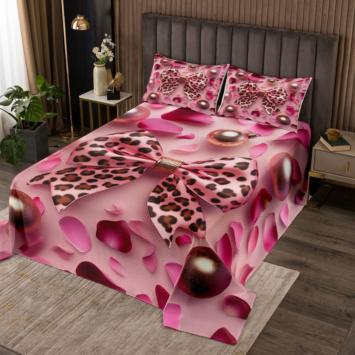Manfei Leopard Bowknot Kids Bedspread Queen Size,Zebra Stripes Leopard Bow Pattern Coverlet Set,Teens Women Bedroom Decor,Boho Abstract Wild Animal Quilted Coverlet,Green Bedding Quilt,2 Pillowcases
