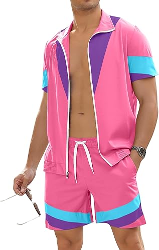 UOUA Traje de los años 80 para hombre, disfraz de bloque de color de los años 90, conjunto de 2 piezas de chaqueta y pantalones cortos retro de