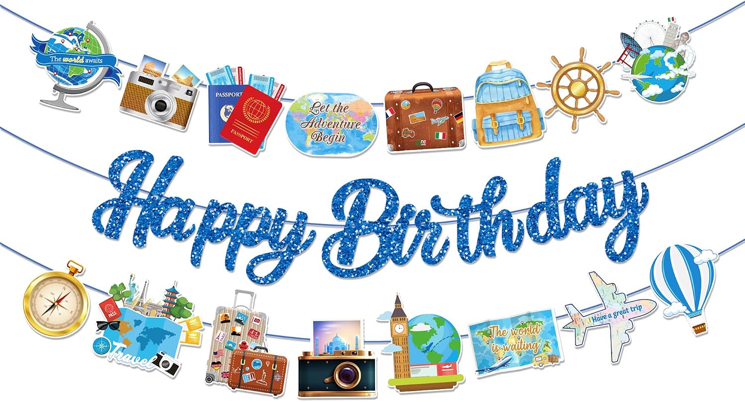 3Pcs Travel Time Happy Birthday Banners Let The Adventure Begin Theme Banner Glitter Blue Banner Sign for Adventure Begin Party Supplies