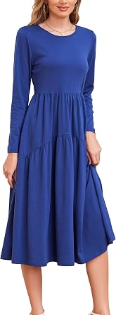 Kormei Womens Long Sleeve Crewneck Midi Dress A Line Tiered Flowy Wedding Guest Fall Casual Long Dress with Pockets