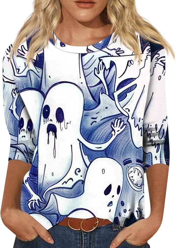 Halloween Shirts for Women 3/4 Sleeve Plus Size Crewneck Loose Fit Cute T Shirt Halloween Costumes for Women 2025
