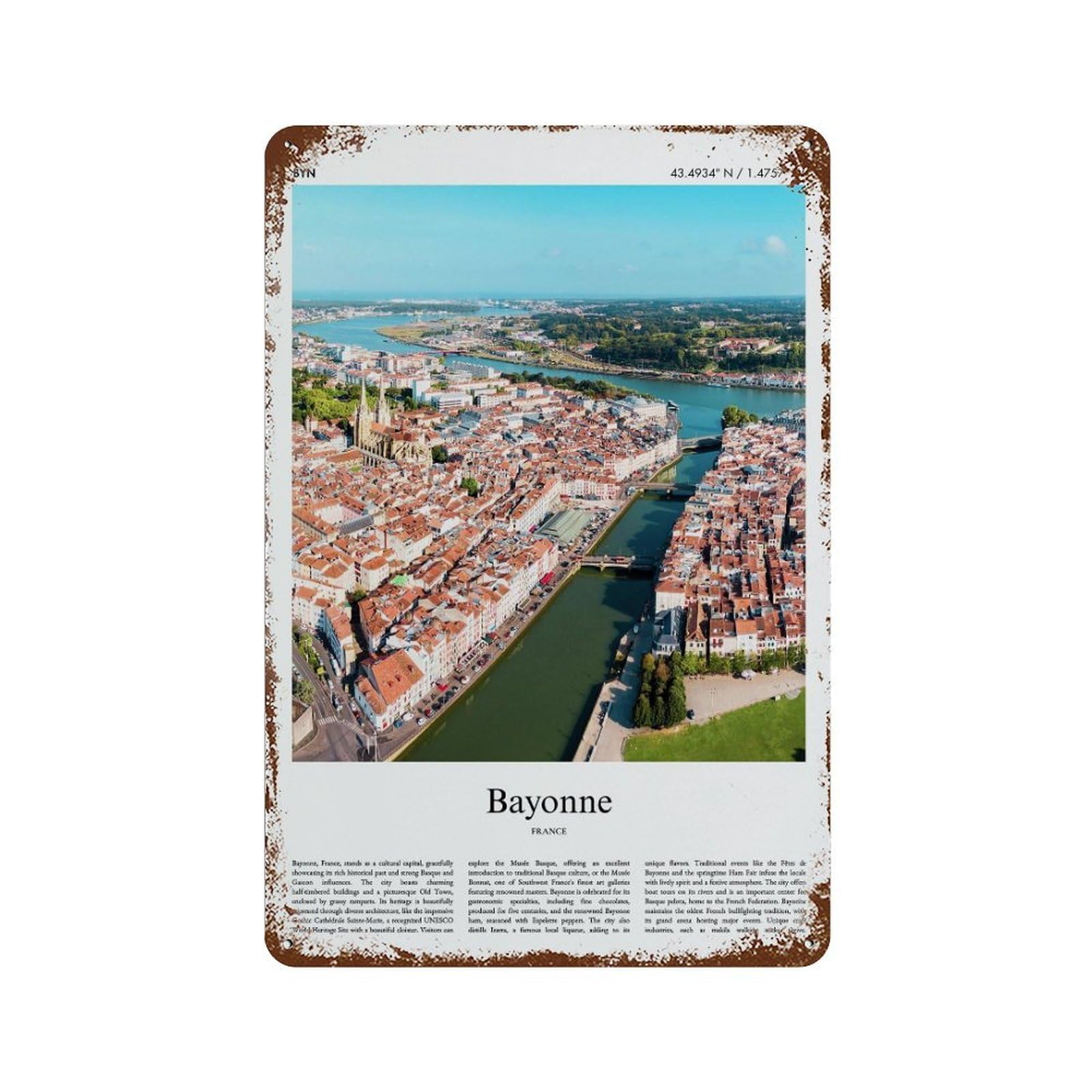 xiaoxiaoshen Bayonne France City Scenery Wall Decor Art Metal Tin Poster Modern Home Decor Art Home Bar Shop Decorations Vintage Sign 30x20cm
