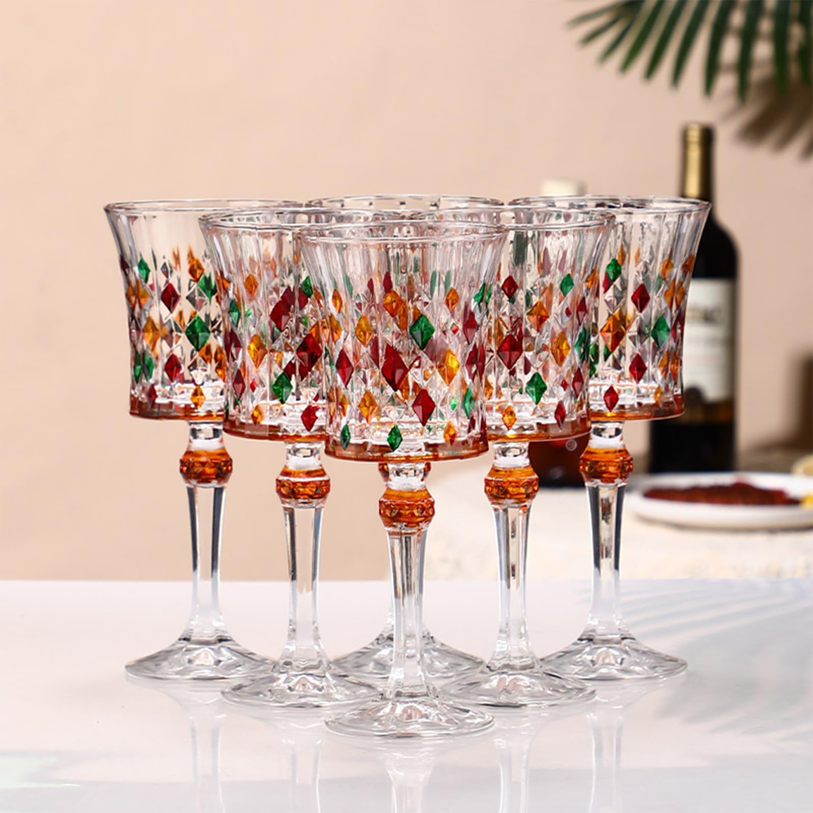 Set decanter per vino girevole con base in metallo e due calici da vino a stelo colorato modello di diamante cristalleria per casa bar pranzo e regalo scopo
