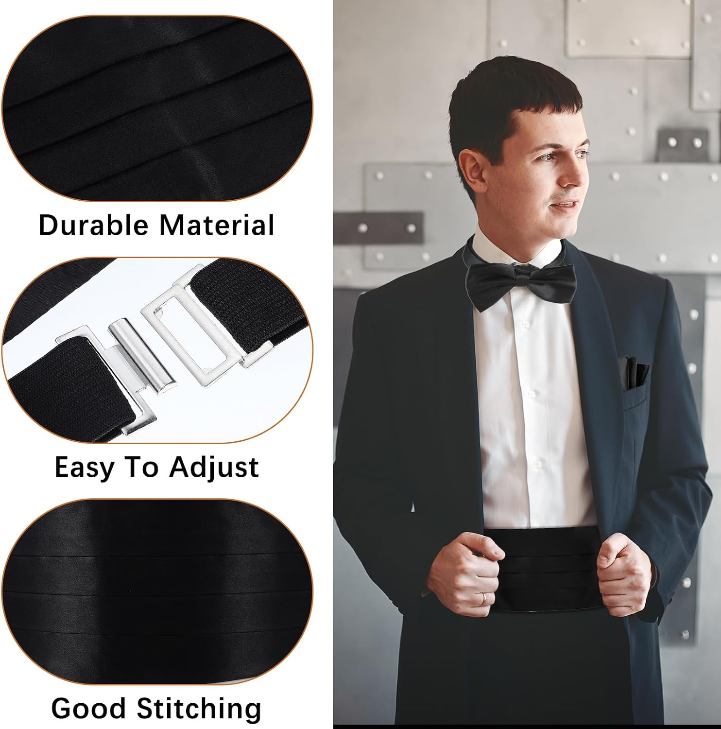 Lusofie Men's Solid Color Cummerbund Black Cumberbund Men with Adjustable Band for Tuxedo Accessories Perfect for Weddings, Proms and Formal Events(Black)