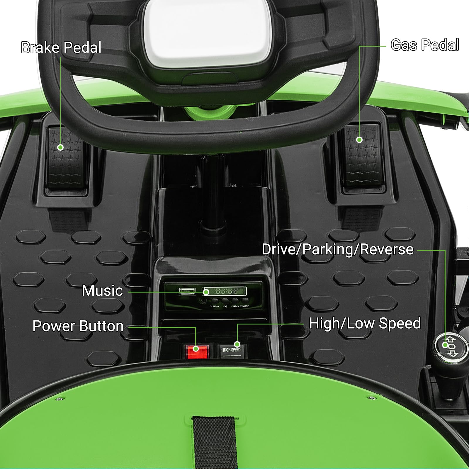 24V Electric Go Kart for Kids, Drift Cart with 2x200W Powerful Motors, 7AH Battery, Max 8MPH Drift Kart, Safety Belt, Slow Start, Music, High-Speed Crazy Cart Ride on for Kids Ages 6-12 - Green — view 8