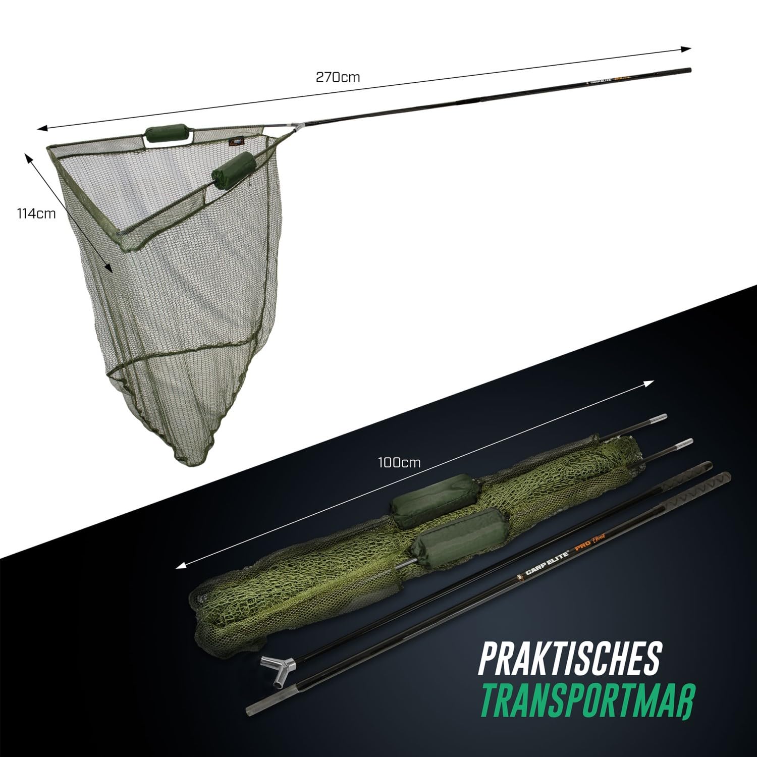 Karpfenkescher 2,70m Kohlefaser mit 2 Net-Floats knotenloses Netz | Kohlefaserstange 2,70m, Kopf 102x84cm, knotenloses Netz mit 2 Schwimmern – sicheres Keschern von Karpfen