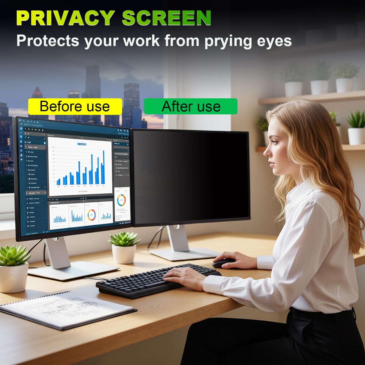 Protector de Privacidad Monitor 22 Pulgadas 16:10 (47.4x29.7cm) - Filtro Luz Azul & Anti-Reflejo, Desmontable | Filtro de privacidad para PC, Apto para Pantallas Planas y Curvas