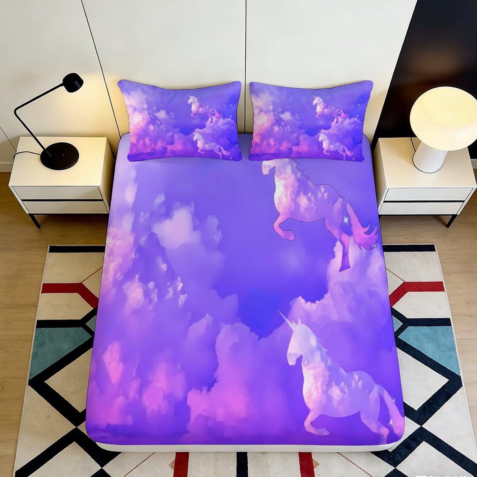 3D Printed Purple Unicorn Cloud Fitted Sheet Microfiber Soft Breathable Fantasy Bed Cover for Bedroom Dormitory Guest Room Mattress Protection Decor 160x200x25cm