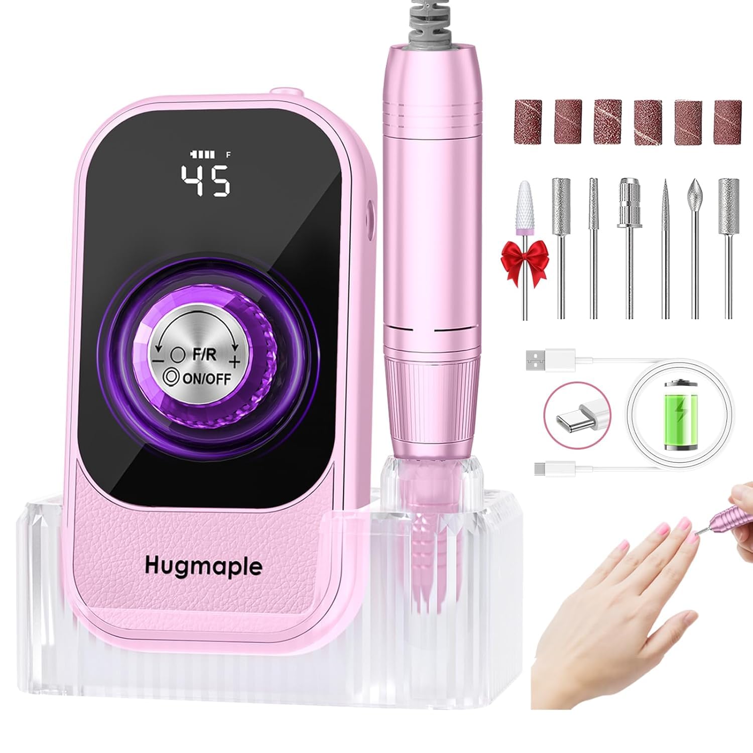 Professional Electric Nail Drill File, HUGMAPLE 45000RPM Portable E-File Machine with Bits & Base, Cordless Rechargeable Nail Drill Kit for Shaping,