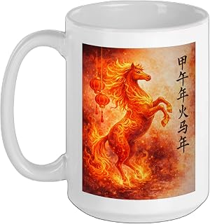 2026 Year Of The Fire Horse Watercolor Chinese New Year 2026 Ceramic Mug, White, 15oz