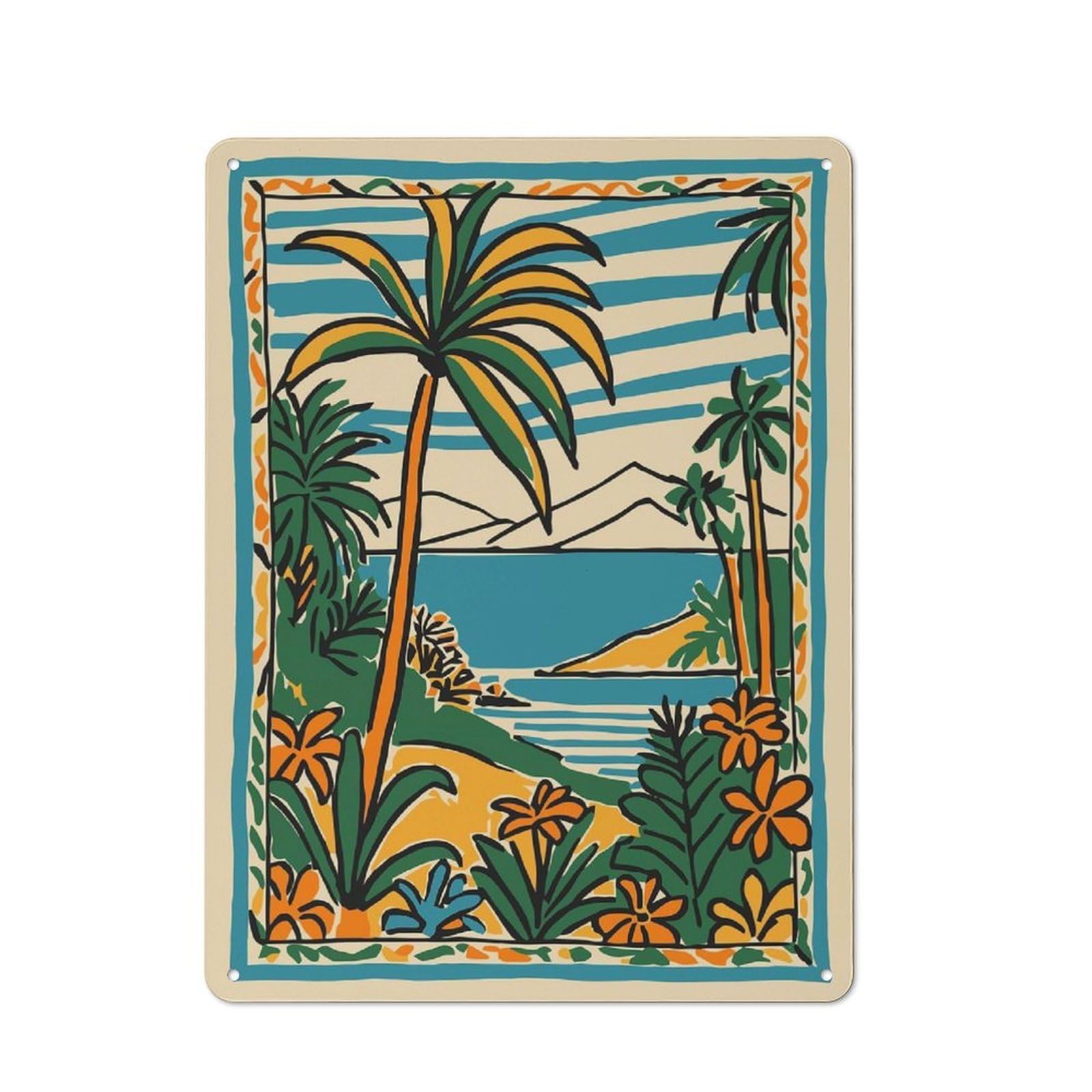 Junmoney Style Vintage Metal Plaque 40X30cm Featuring Tropical Island Landscape Illustration For Home Bar Wall, A Metal Wall Feature For Home Bars And Entertaining Spaces