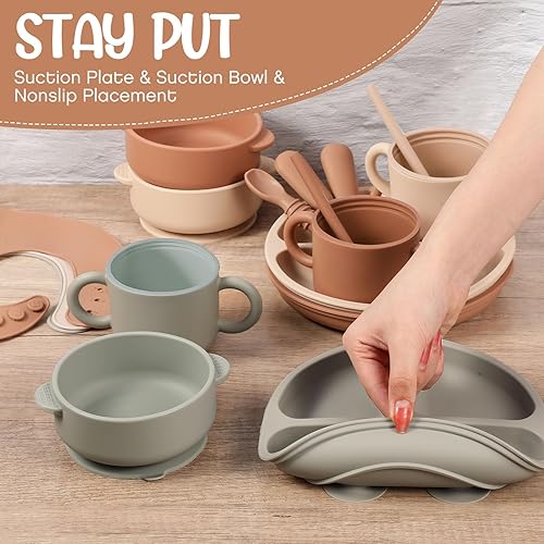 Miniatura 4 de Juego de 24 suministros de silicona para alimentación de bebé, incluye platos divididos de succión, cucharas suaves, tenedores, babero ajustable y