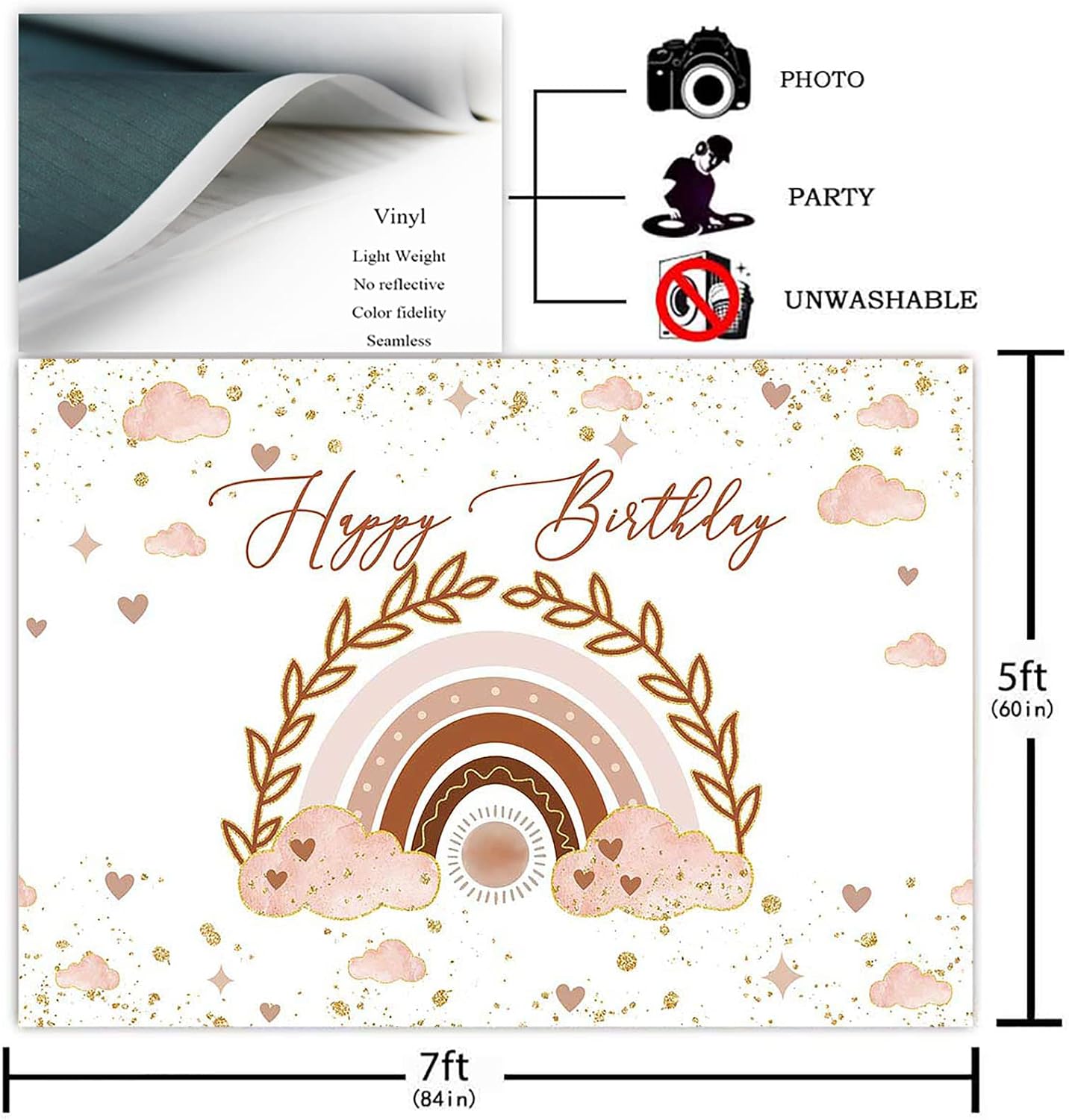 Avezano Boho Birthday Backdrop Pink Bohemian Rainbow Sky Girls' Birthday Party Decorations Golden Glitter Dots Sweet Hearts Photoshoot Background Banner (7x5ft)