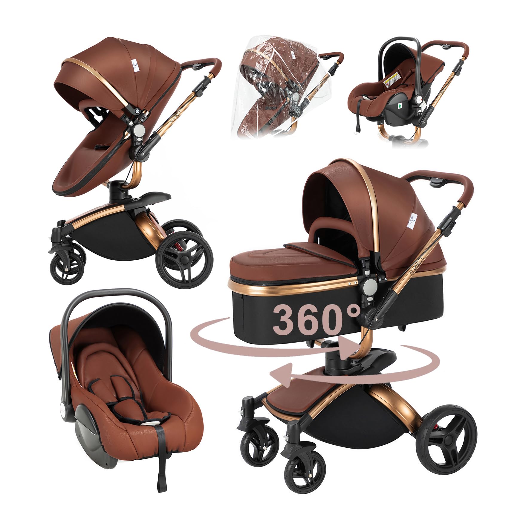 PU-Leder Kinderwagen 3 in 1, Buggy mit Verstellbarem Sitz Um 360° Drehbar, Kombikinderwagen Faltbarem Tragbarem One-Click-Design, Kinderwagen 3 in 1 Komplettset Hohe Landschaft (906 Brown)