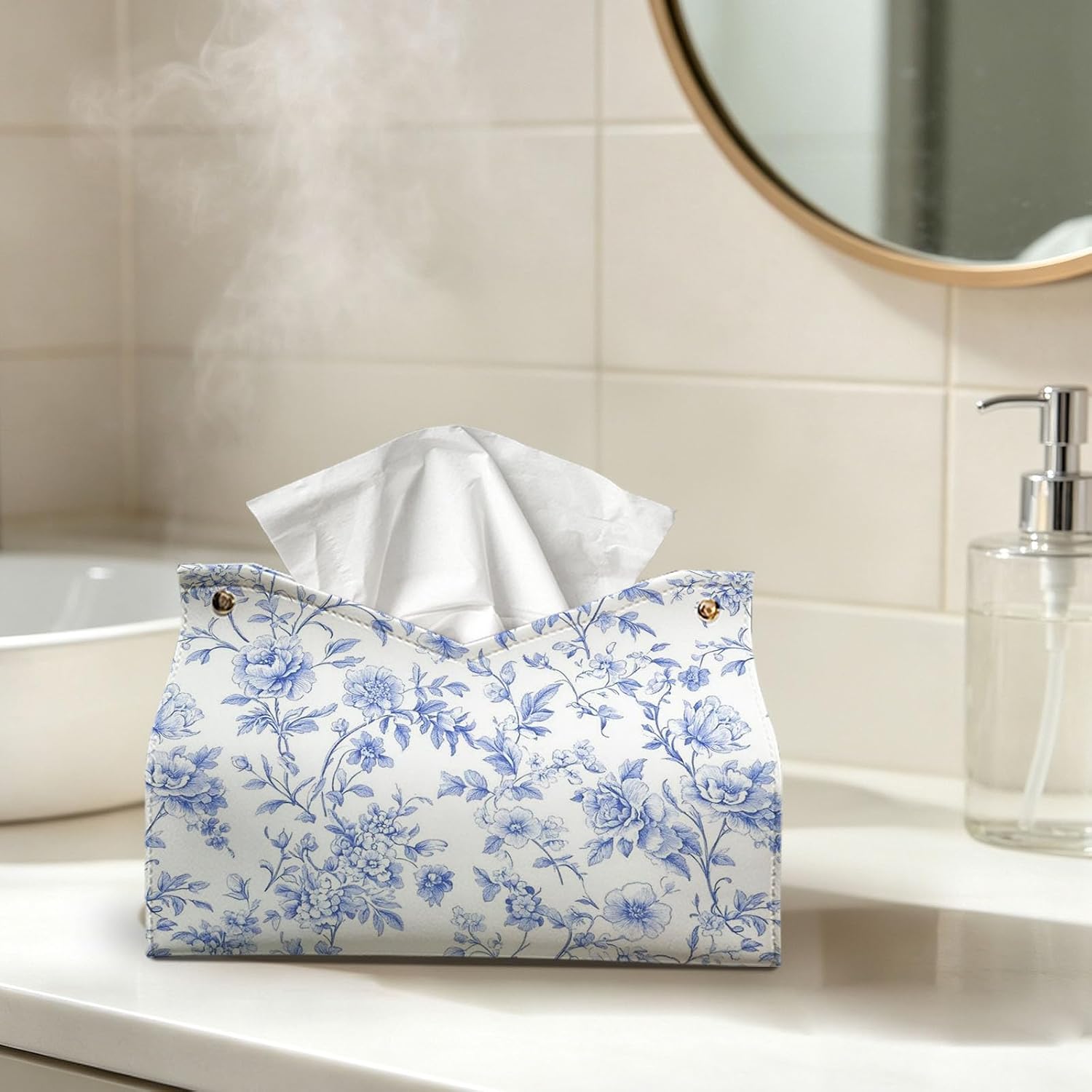 UTELKA Blue Flroal Rectangle Tissue Box Cover PU Tissue Holder 9.8x6x7