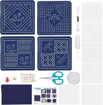 FREEBLOSS 4 Set DIY Sashiko Coaster Kit Dragonfly Sashiko Kit Beginner Flowers Embroidery Kits with 4 Sashiko Coaster Samplers Japanese Embroidery Kits for Adults for Art Craft Gift