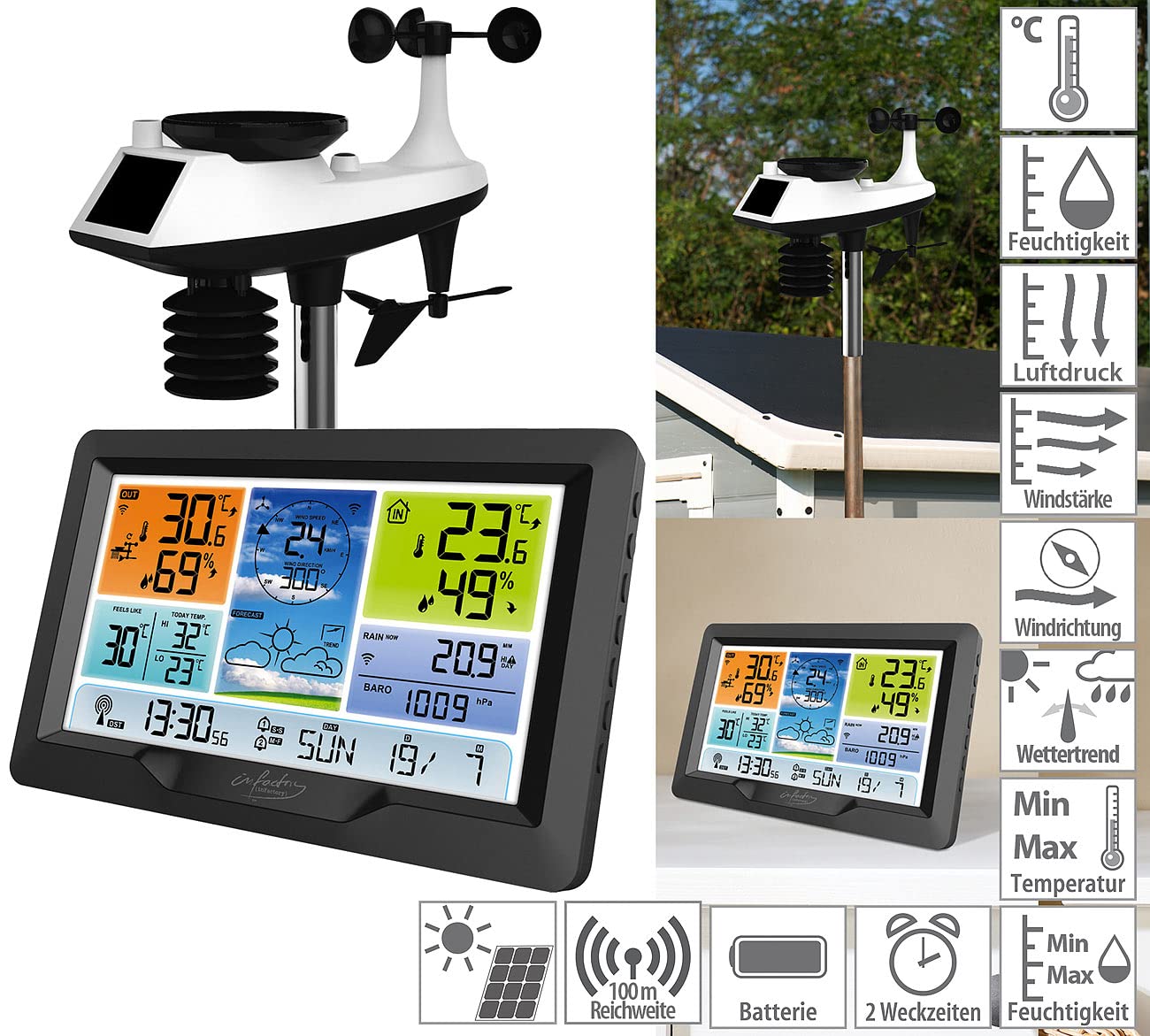 infactory große Wetterstation XXL: Funk-Wetterstation mit XL-Farbdisplay, Außensensor und Wecker (XXL-Display, mit Windmesser, Wind)