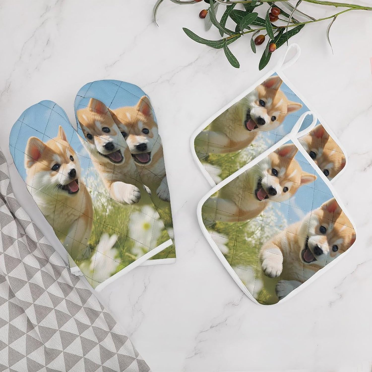 Shiba Inu Dog 4 Pcs Oven Mitts and Pot Holders Set High Heat Resistant Long Kitchen Oven Glove Potholders