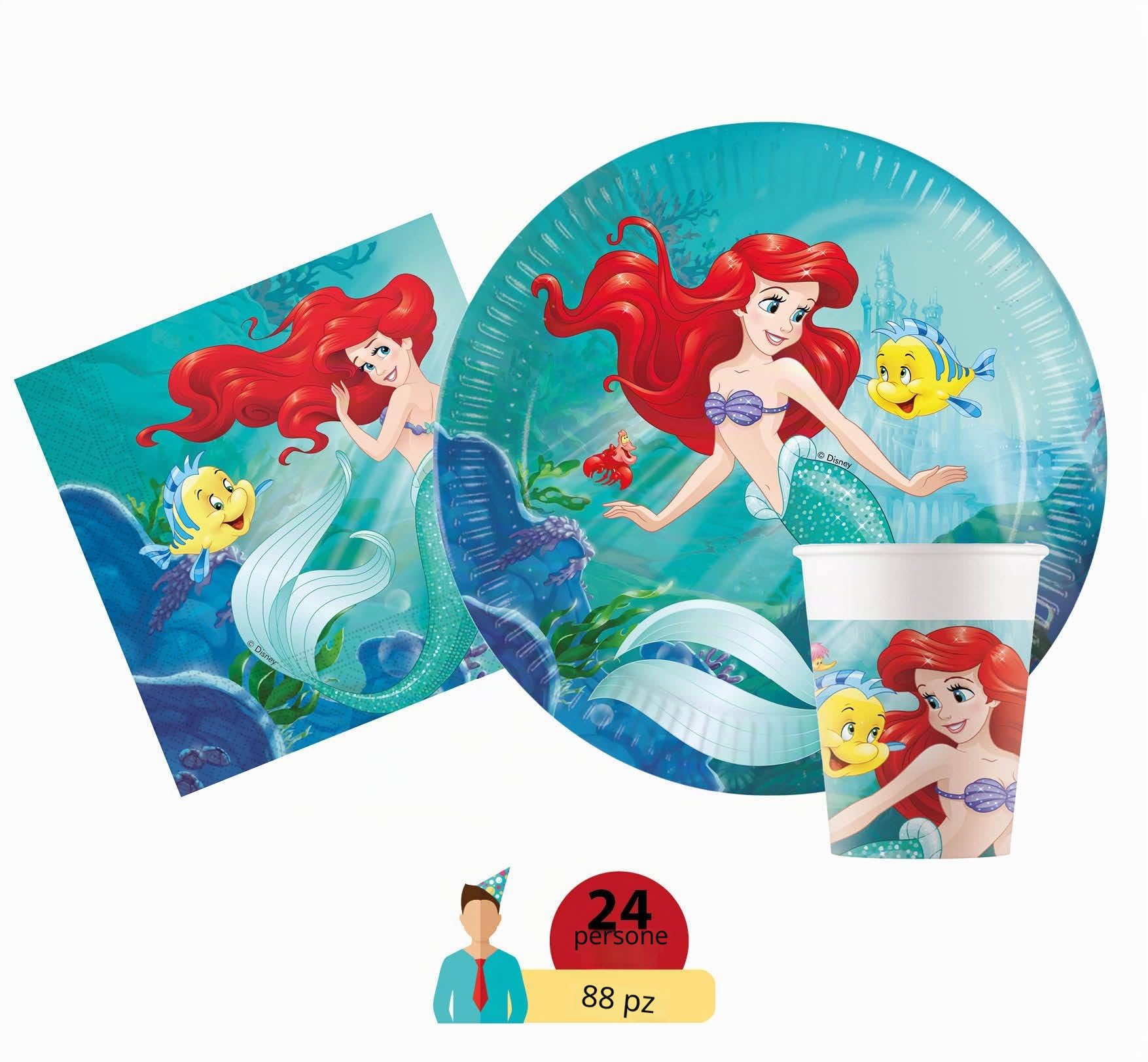 Kit Party Tavola Disney Princess Ariel Little Mermaid la Sirenetta per 24 persone (88 pezzi: 24 piatti Ø23cm, 24 bicchieri 200ml, 40 tovaglioli 33x33cm) in carta FSC compostabile eco-friendly