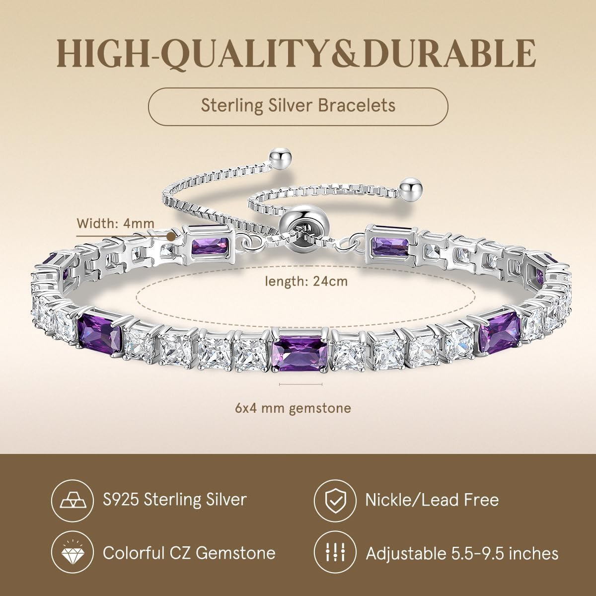 FANCIME Birthstone Bracelet for Women, Sterling Silver 4x6mm Gemstone Tennis Bracelet Bolo Adjustable Chain Fine Jewelry Birthday Gifts for Women Mom Wife Her - Image 5