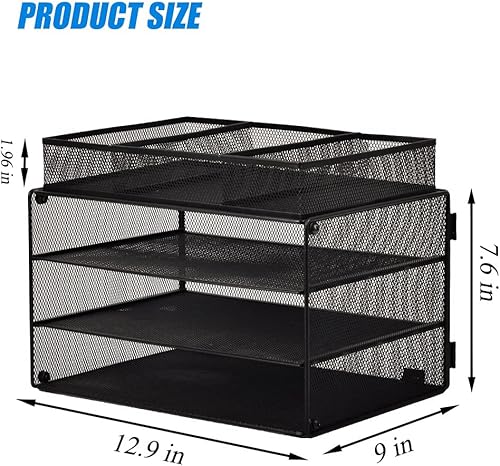 Miniatura 7 de EASEPRES Bandeja organizadora de papel, organizador de archivos de malla de 3 niveles, soporte clasificador de cartas con cajón para oficina en