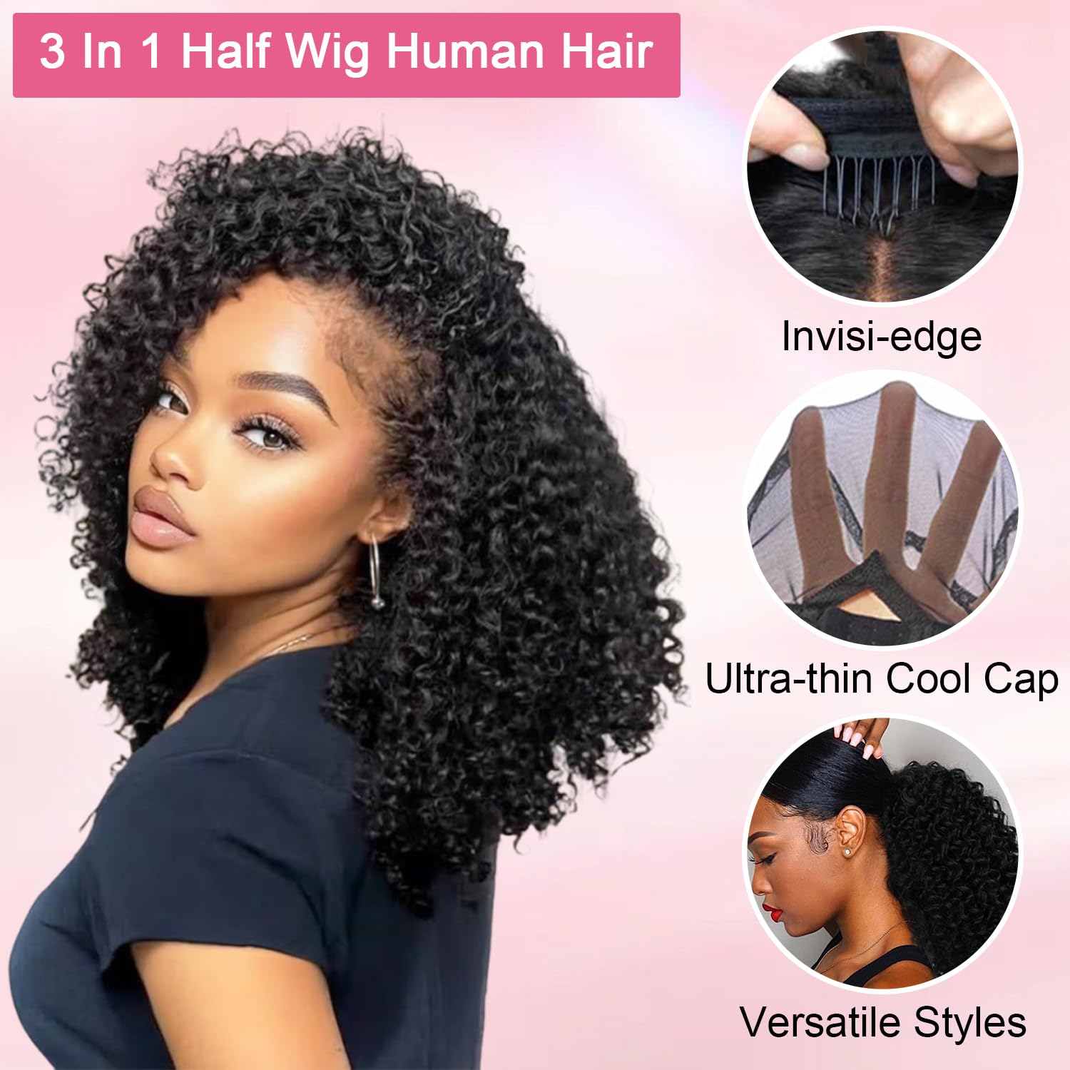 Kinky Curly Half Wig Human Hair 200% Density Glueless Human Hair Wigs for Black Women Seamless Clip Ins Flip Over Wear Go Wig Invisible Hairline Beginner Friendly 16 Inch