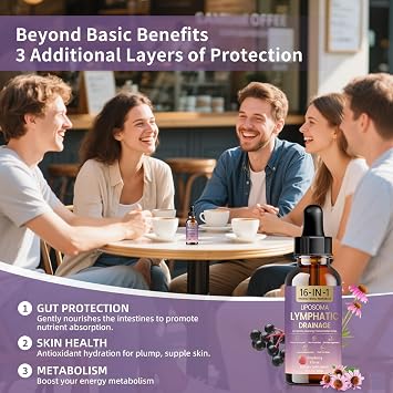 Lymphatic Drainage Drops 2 Pack 16-in-1 Liposomal Lymph Cleansing Liquid Organic Immune Support Skin Gut Health Supplement with Echinacea Burdock Elderberry Inulin Grape Seed Extract Non-GMO 4 Fl.Oz