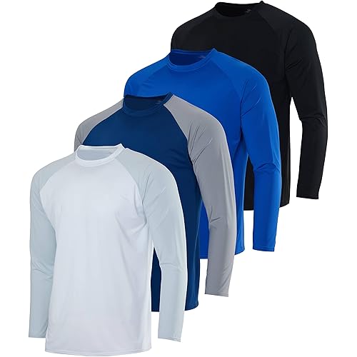 Real Essentials 4 Pack: Mens Long Sleeve Rash Guard Shirt Swimwear UPF 50+ Sun Protection Surf Top (Available in Big & Tall)
