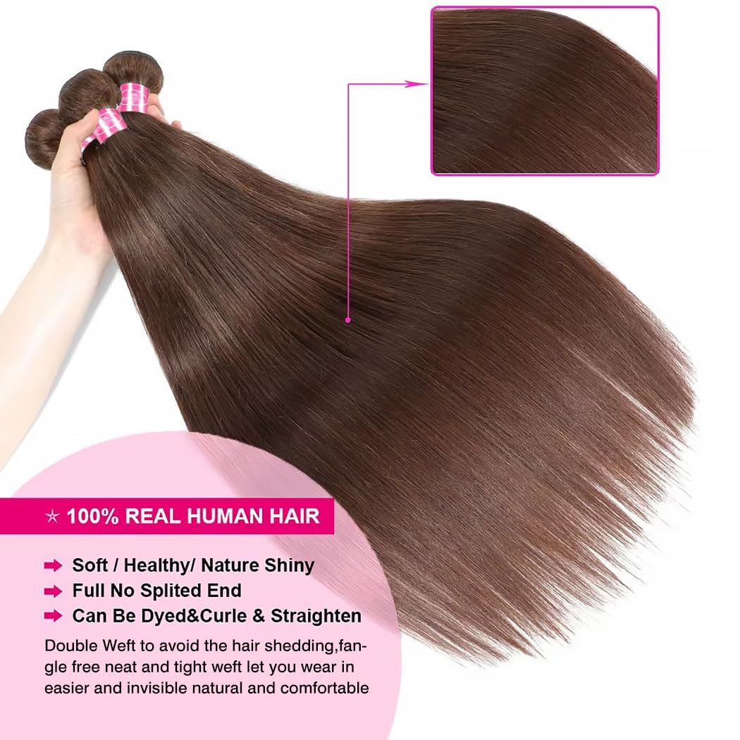 Younsolo Brown Human Hair Bundles #4 Chocolate Brown Straight 4 Bundles 20 22 24 26 Inch Brazilian Straight Human Hair Bundles 100% Unprocessed Virgin Hair Bundles Deals Human Hair Extensions