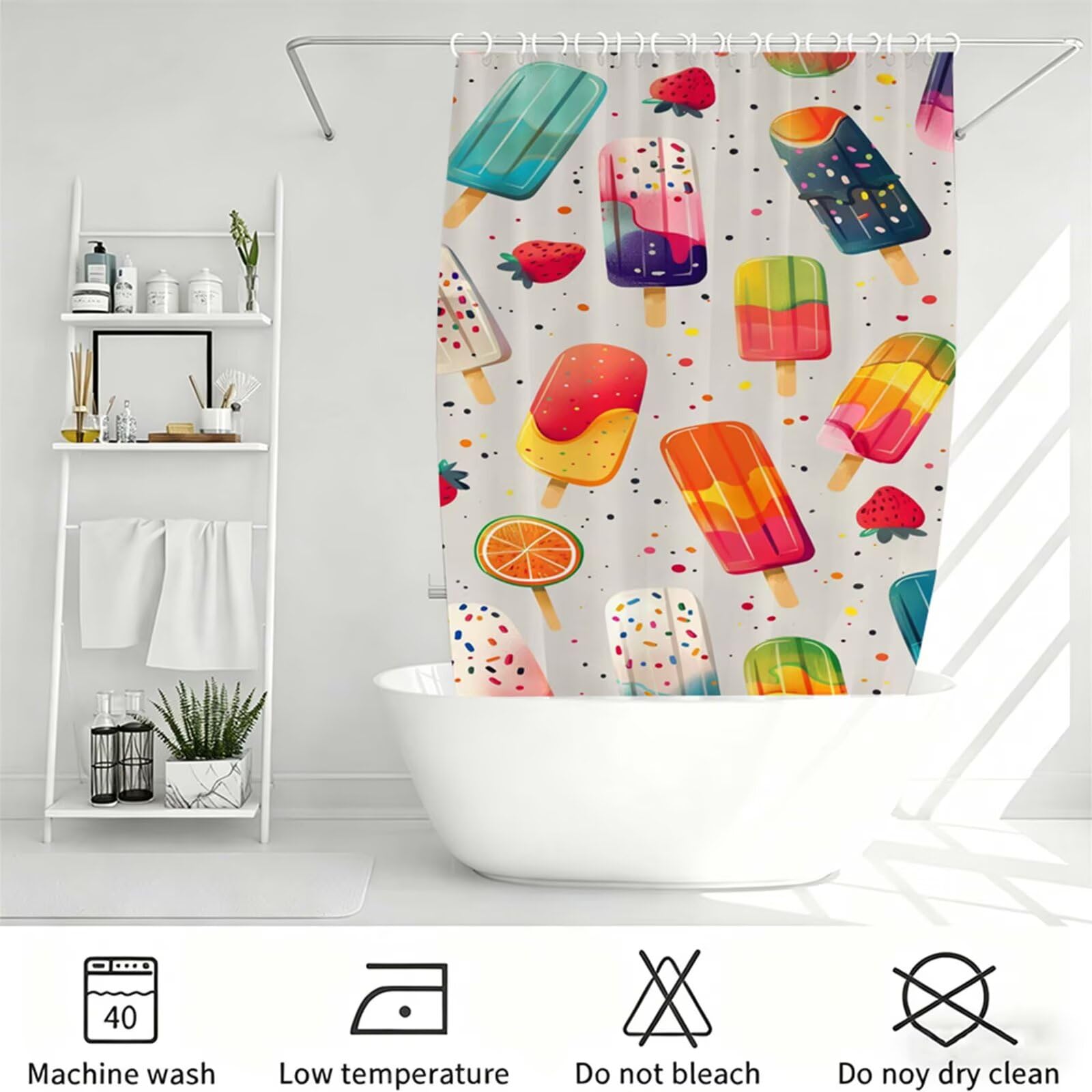 colorato Tenda Doccia 180x240cm,Tenda per Doccia Tessuto Poliestere Impermeabile Asciugatura Rapida con 12 Anelli,Tende Finestra Bagno e Vasca Pieghevole per Angolare Casa Shower Curtain gelato J-620
