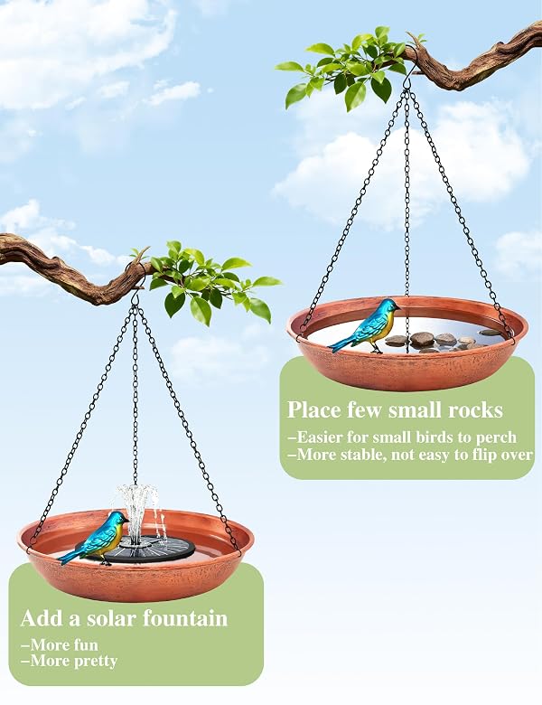 Hanging Bird Bath for Outdoor, 11 Inch Dia Antique Copper Metal Bird Feeder Birdbath Bowl Mounted Black Chain Metal Yard Art Garden Decor 0.5 Gallon by Keygift - Used condition - Image 7