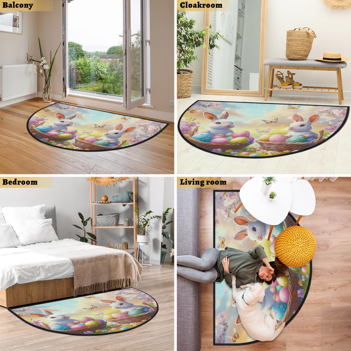 Mexpekil Paillasson demi-rond en forme de demi-lune pour intérieur et extérieur - Motif paysage d'œufs de Pâques - Demi cercle - Absorbant la saleté - 100 x 160 cm