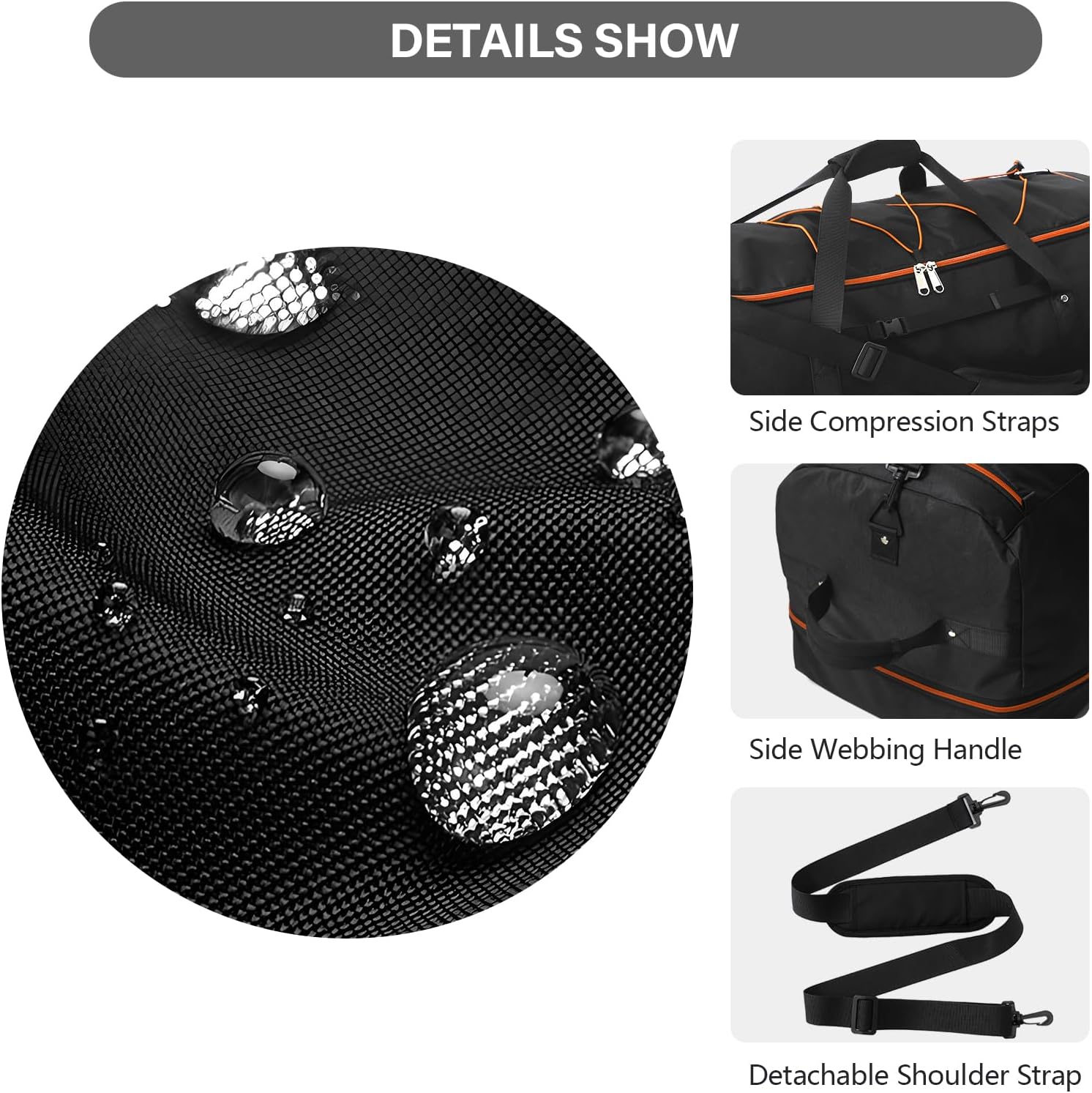 Vomgomfom 32" Soft-Sided Foldable Wheeled Travel Duffel Bag,Expandable 110L to 140L Rolling Cargo Bag with 2 Wheels and Multiple Pockets,Black-orange