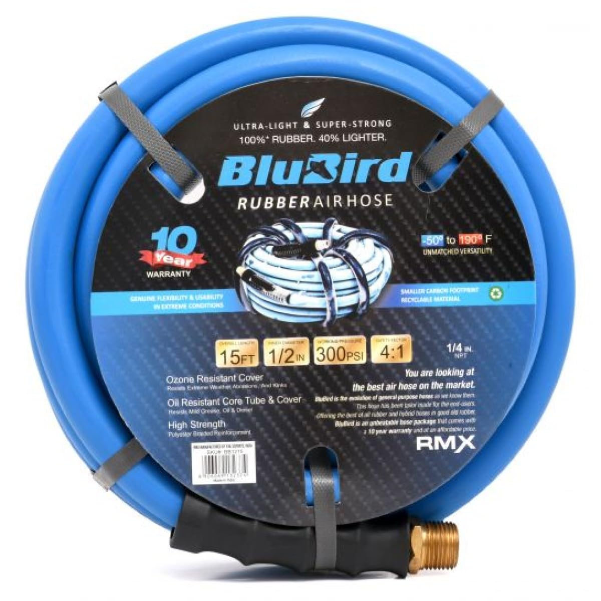 BLUBIRD BB1215 1/2" x 15' Rubber Air Hose, 100% Rubber, Lightest, Strongest, Most Flexible, 300 PSI, 50F to 190F Degrees, Ozone Resistant, High Strength Polyester Braided