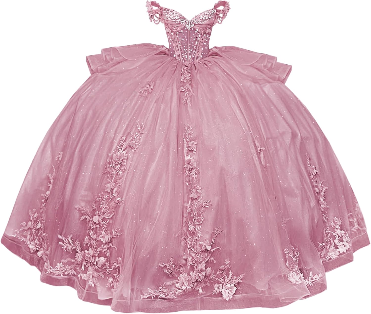 Mouccy Sparkly Lace Quinceanera Dresses with Tassels 3D Floral Bead Sweet 16 Dress with Ruffles Puffy Tulle Party Ball Gown