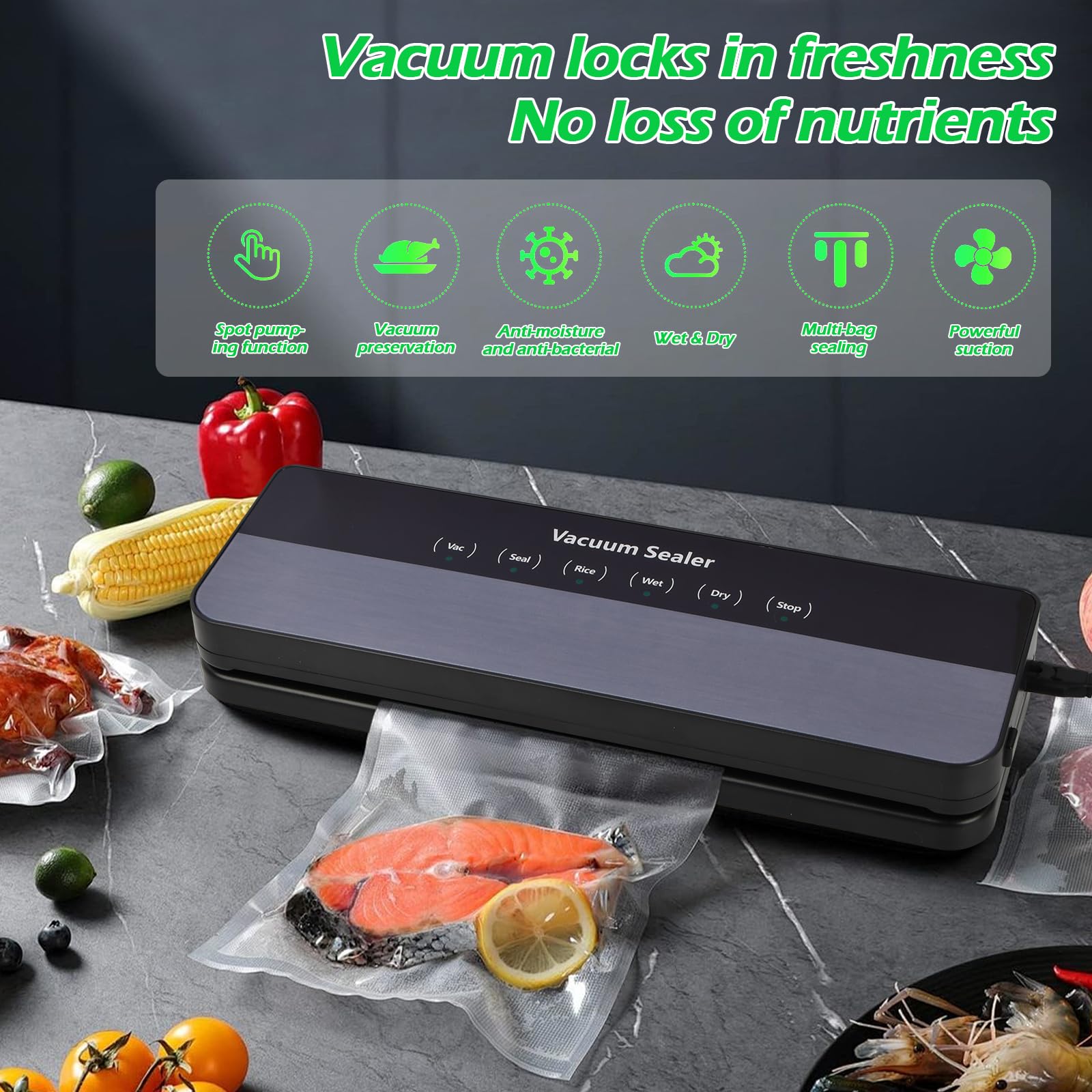 Sigillatrice sottovuoto 5 in 1 con potente aspirazione da 65 KPA, macchina sottovuoto per alimenti, con 10 sacchetti sottovuoto, barra di tenuta più lunga di 30 cm, per conservare alimenti freschi e