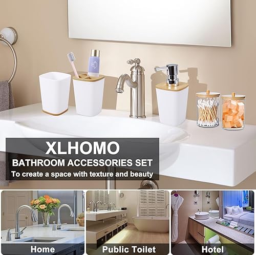 Miniatura 4 de Juego de 9 accesorios de baño, color blanco, cubo de basura, soporte y recipiente para cepillos de dientes, dispensador de jabón, bandeja de
