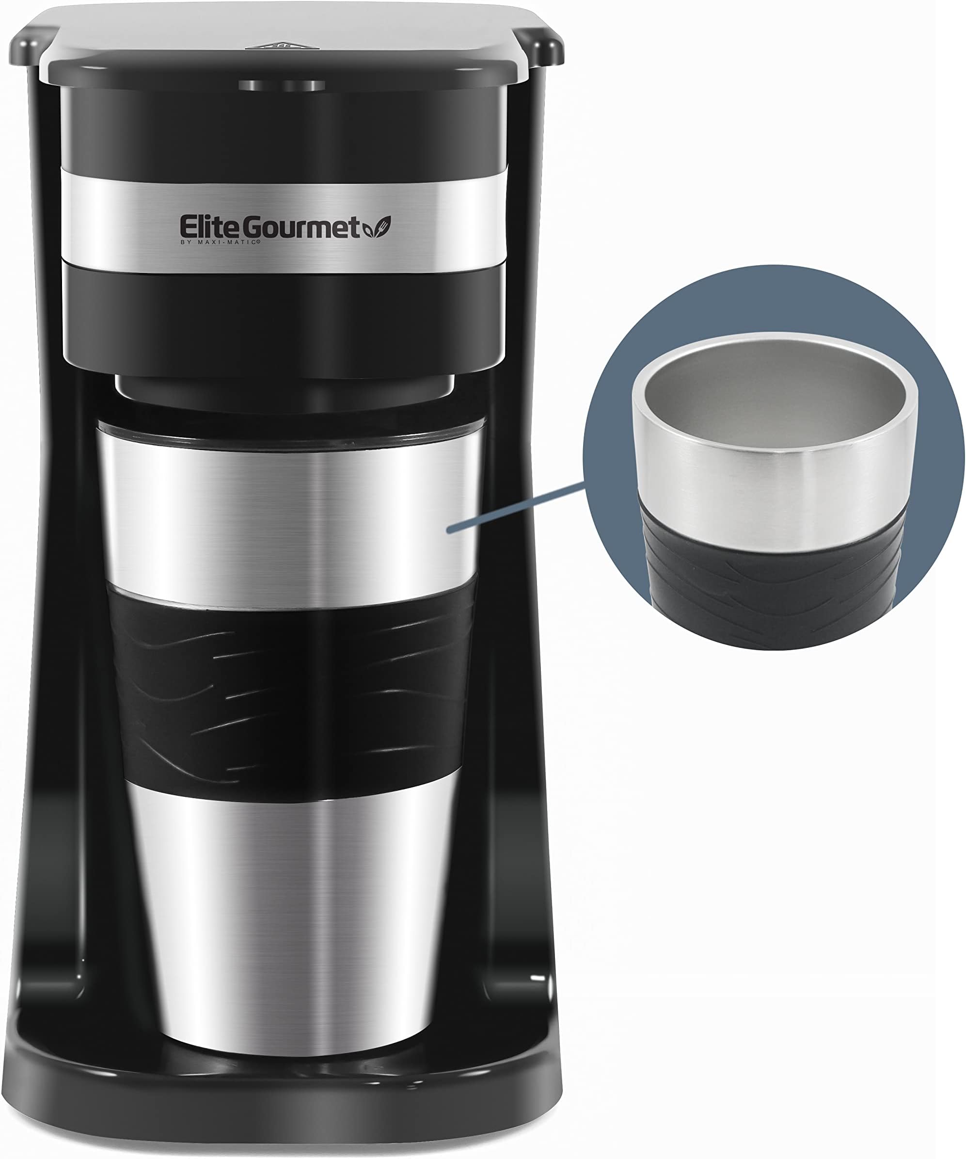 Elite Gourmet EHC111A# Personal Single-Serve Compact Coffee Maker Brewer, Includes Stainless Steel Interior Thermal Travel Mug, Compatible with Coffee Grounds, Reusable Filter, Black